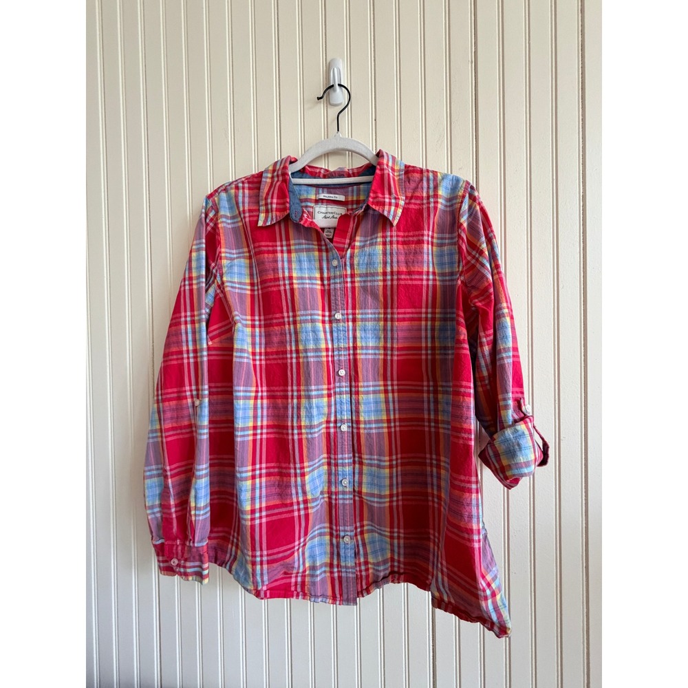 Charter‎ Club Shirt Shop Pink Plaid Roll Tab Sleeve Cotton Button Down Shirt 16